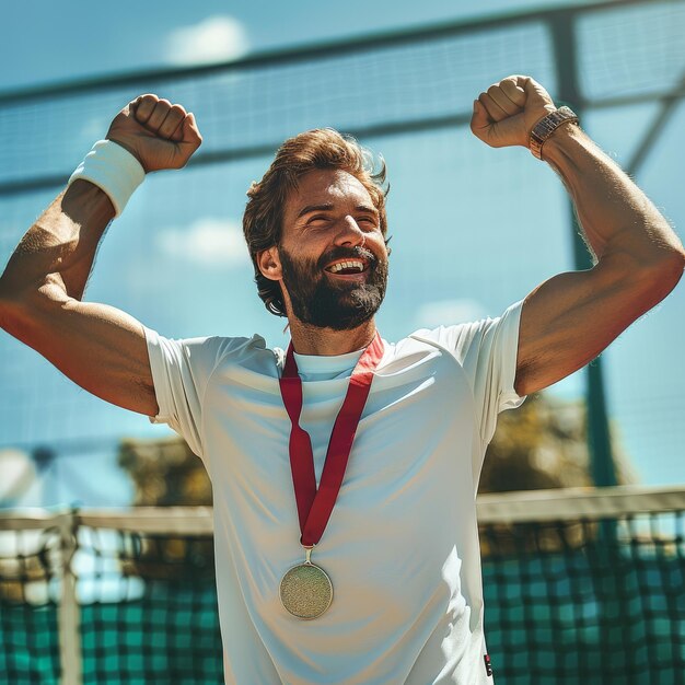 Foto um jogador de tênis atlético está desfrutando da vitória com uma medalha ao pescoço