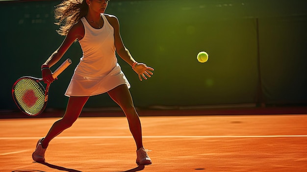 Um jogador de tênis vestindo uma saia branca e uma saia branca está jogando tênis.