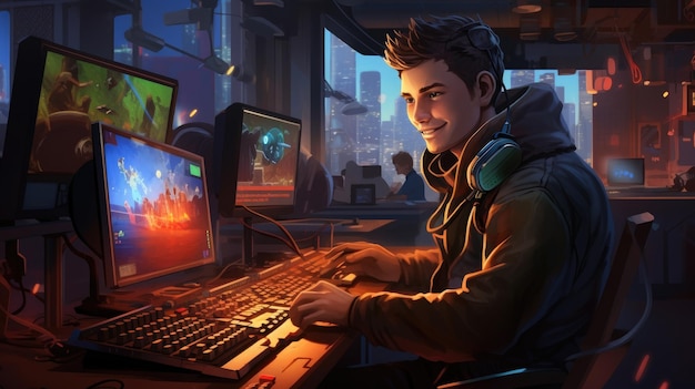 Um jogador sorridente terminando a missão no jogo na sala de jogos