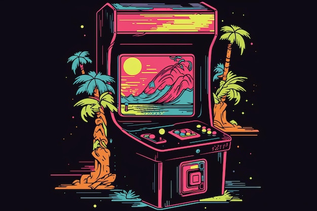 Um jogo de arcade vintage com uma palmeira e uma cena de praia.