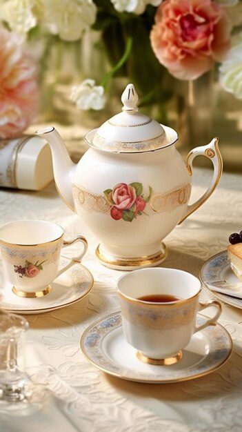 Foto um jogo de chá com um desenho de rosa na frente.