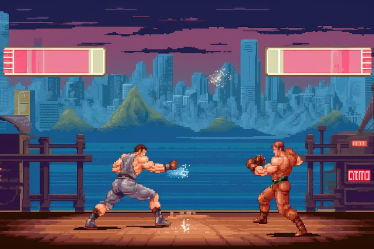 Foto um jogo de luta nível de jogos de computador retrô pixel art cena de videogame 8 bits ai gerado