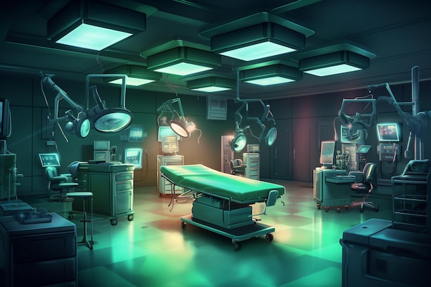 Um jogo de quarto de hospital com uma grande sala de cirurgia e luzes no  teto.