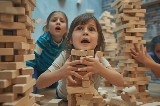 Um jogo de tabuleiro de madeira para manter o equilíbrio Crianças jogam jogos em que o equilíbrio e o autocontrole são importantes
