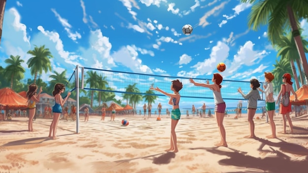 Um jogo de vôlei de praia em andamento