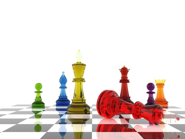 Um jogo de xadrez chega ao fim. o rei está em xeque-mate. renderização tridimensional
