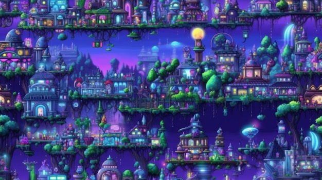 Um jogo roxo e azul com um monte de prédios e uma cidade ao fundo.