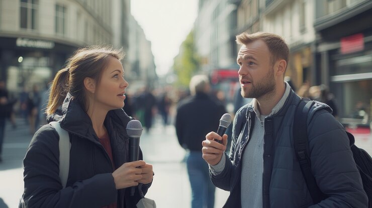 Foto um jornalista entrevista um especialista num cenário urbano animado, cercado por pedestres movimentados e atividade urbana.