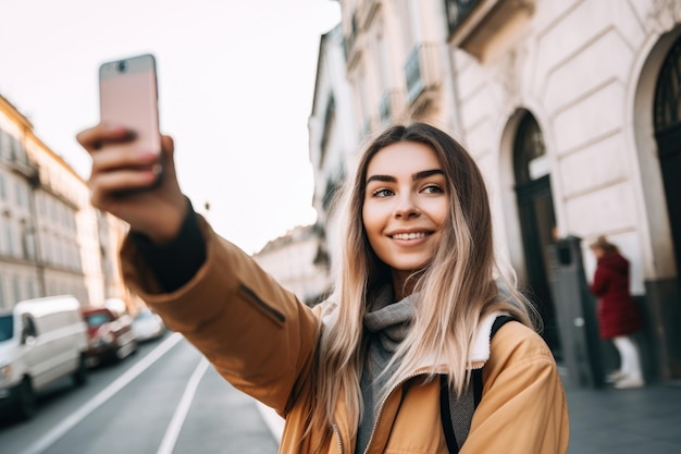 Um jovem a conduzir uma mulher por uma cidade futurista.