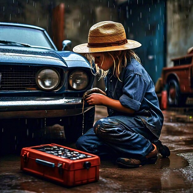 Foto um jovem a consertar um carro na sua garagem a trabalhar numa avaria.