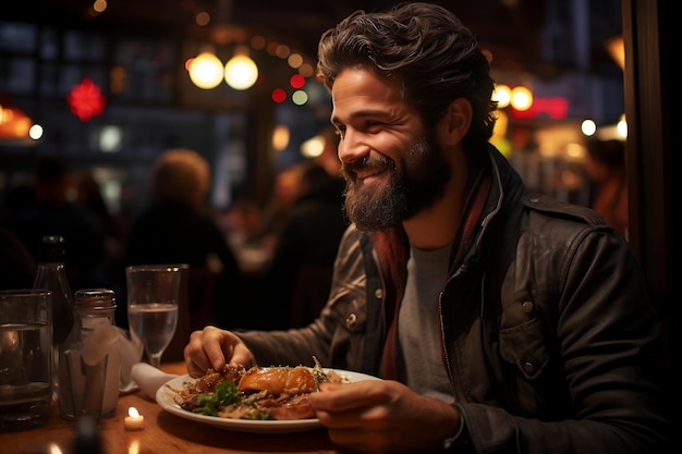 Um jovem a desfrutar de uma refeição num restaurante