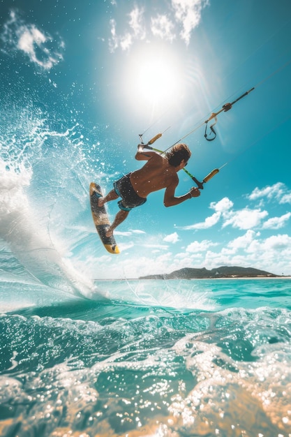 Foto um jovem a divertir-se a fazer kitesurf numa praia exótica num dia de verão