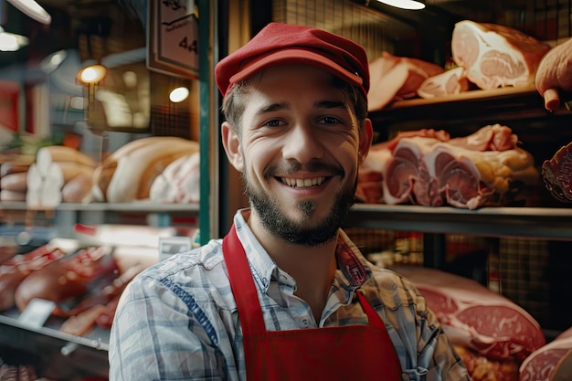 Foto um jovem açougueiro com um avental vermelho sorrindo para a câmera e de pé na frente da janela da loja de açougues