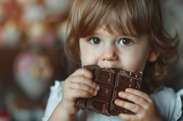 Um jovem adorável a comer chocolate. IA generativa.