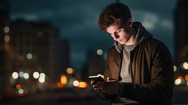 Foto um jovem adulto a ler mensagens de texto no seu smartphone.