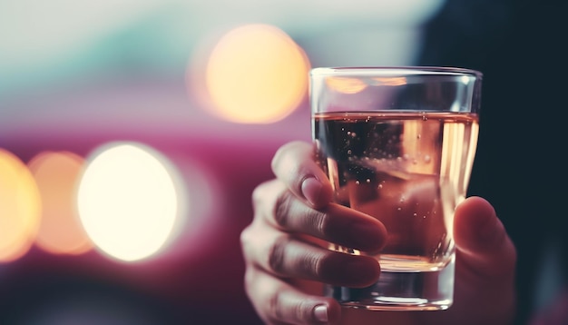 Foto um jovem adulto segurando uma bebida em um bar à noite gerado por ia