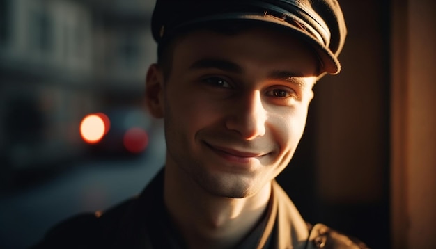 Um jovem adulto sorrindo olhando para a câmera com confiança gerada pela inteligência artificial