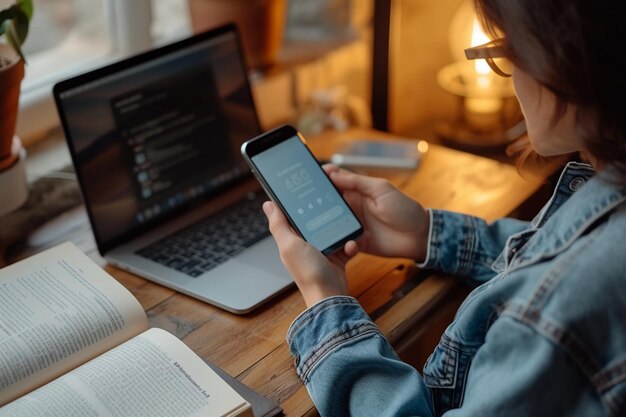 Um jovem adulto vestindo uma jaqueta de jeans sentado em uma mesa de madeira com um livro aberto e um laptop