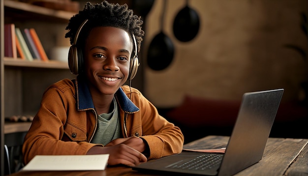 Um jovem africano de 10 a 12 anos está sentado em uma mesa de madeira usando fones de ouvido e estudando em um laptop IA generativa