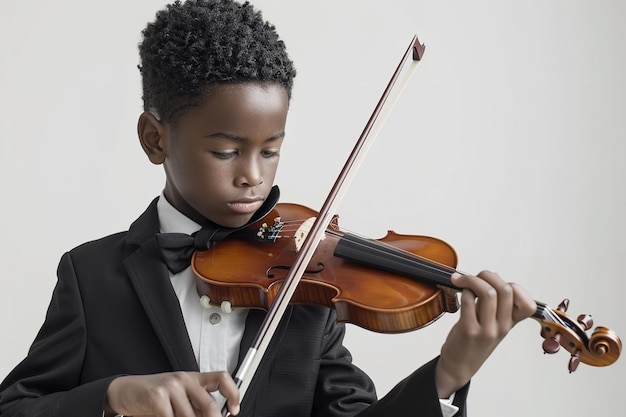 Um jovem africano de terno preto surgiu tocando violino sobre um cenário branco.