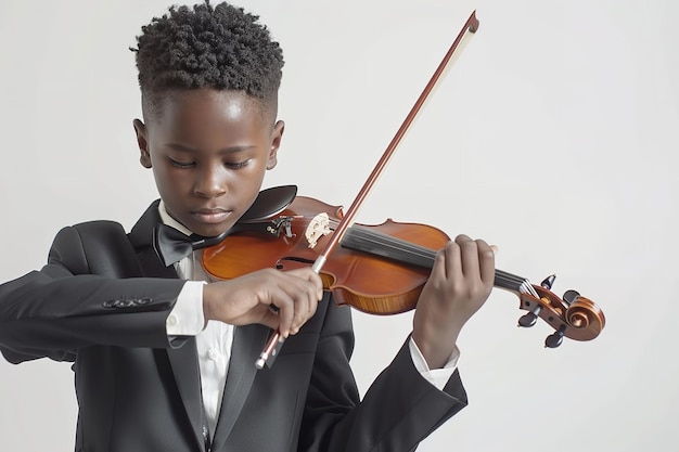 Um jovem africano de terno preto surgiu tocando violino sobre um cenário branco.