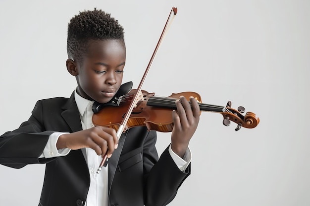 Um jovem africano de terno preto surgiu tocando violino sobre um cenário branco.