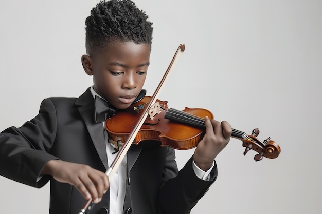 Um jovem africano de terno preto surgiu tocando violino sobre um cenário branco.