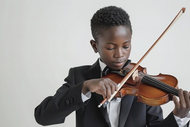 Um jovem africano de terno preto surgiu tocando violino sobre um cenário branco.