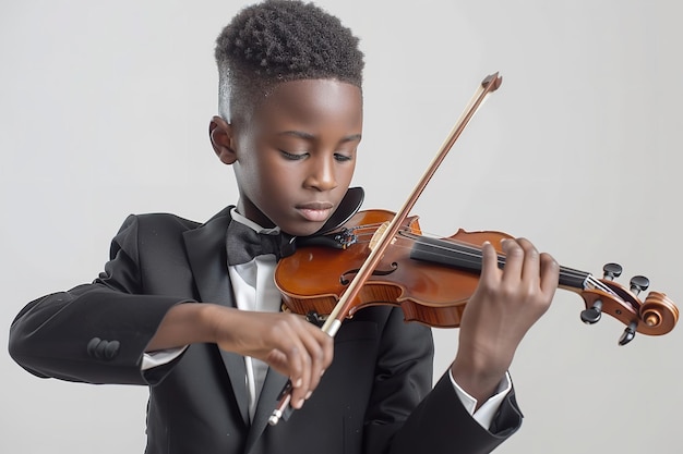 Um jovem africano de terno preto surgiu tocando violino sobre um cenário branco.