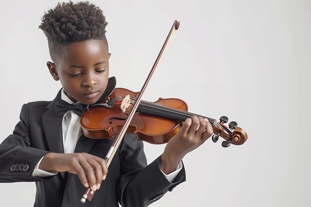 Um jovem africano de terno preto surgiu tocando violino sobre um cenário branco.