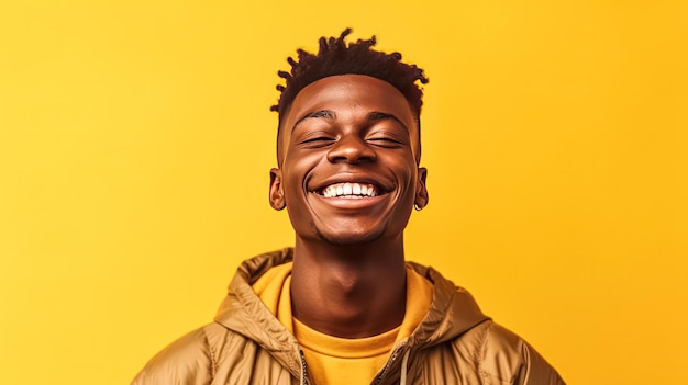 um jovem africano exala um sorriso radiante contra um fundo amarelo vibrante