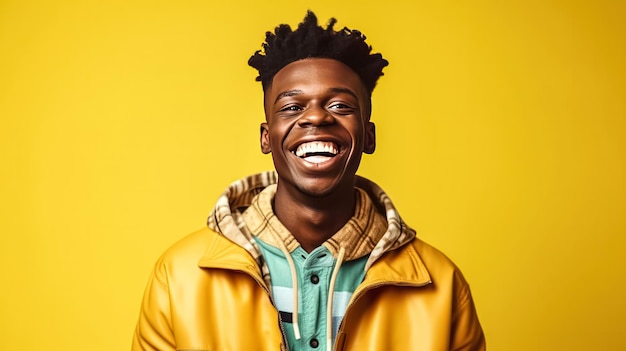 um jovem africano exala um sorriso radiante contra um fundo amarelo vibrante