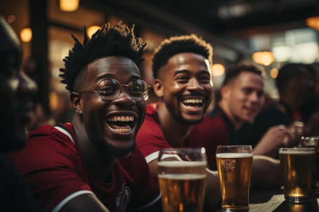 Um jovem africano sentado em companhia de amigos em um bar no fim de semana