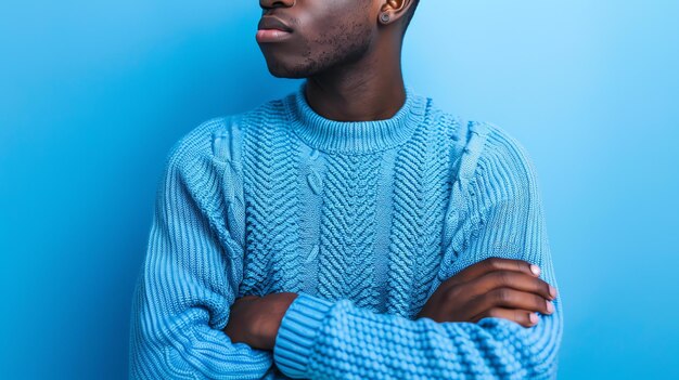 Um jovem afro-americano atencioso vestindo uma camisola azul olhando para longe.