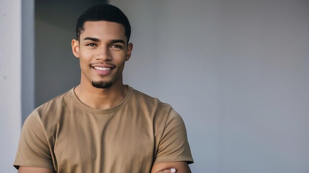 Foto um jovem afro-americano bonito com uma camiseta caqui.