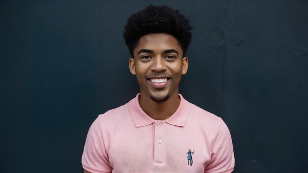 Um jovem afro-americano bonito com uma camiseta de polo rosa.