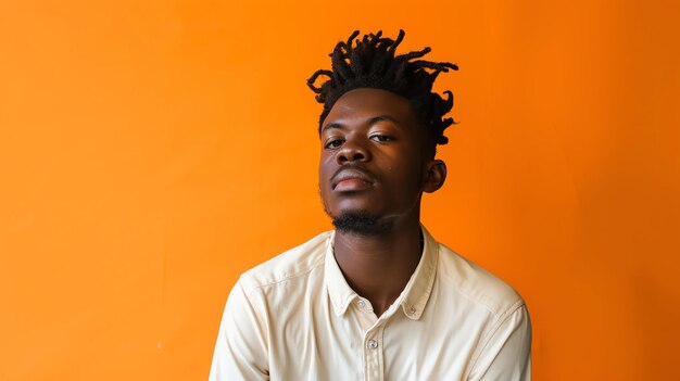 Um jovem afro-americano com dreadlocks está olhando para a câmera com uma expressão séria ele está vestindo uma camisa branca e tem uma barba