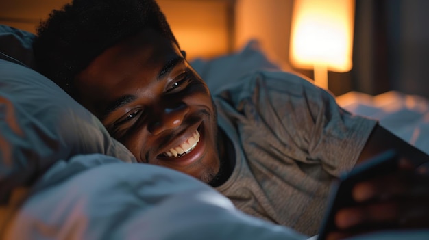 Um jovem afro-americano sorridente deitado na cama olhando para o seu telemóvel