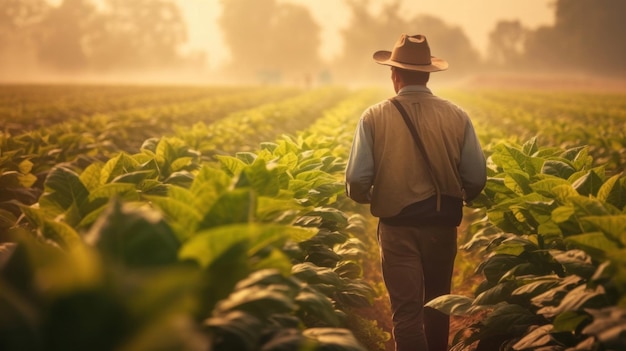 Foto um jovem agricultor agrônomo em um campo de tabaco