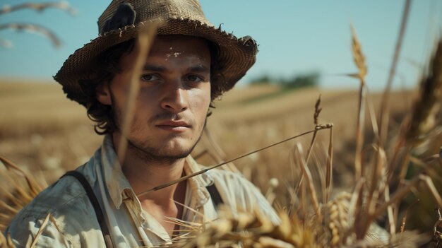 Um jovem agricultor francês zangado A paisagem do campo de trás