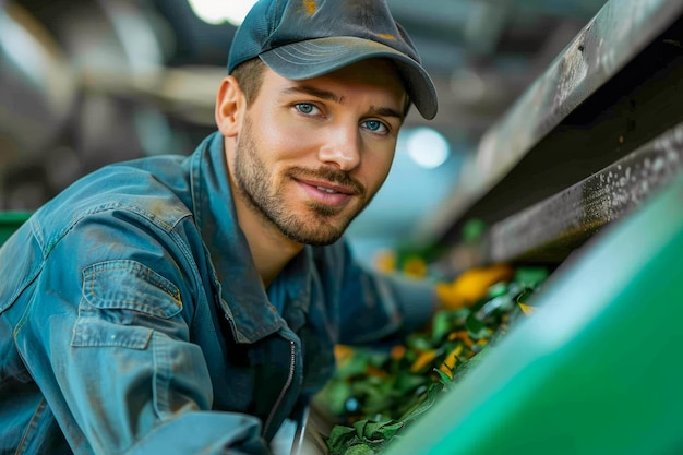 Um jovem agricultor sorridente inspecionando os produtos em uma estufa vestindo roupas de trabalho e boné