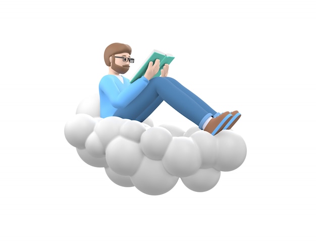 Um jovem alegre, com uma barba de óculos no céu em uma nuvem está lendo um livro