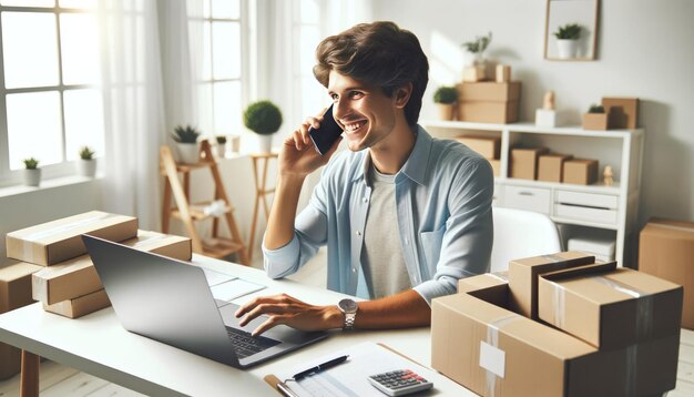 Foto um jovem alegre realiza negócios por telefone em um escritório caseiro aconchegante cercado de pacotes embalados