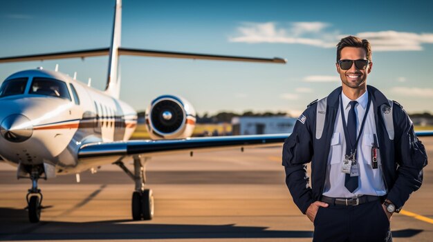 Um jovem alegre trabalhador da companhia aérea tocando o chapéu do capitão e sorrindo enquanto está de pé no aeródromo com o avião ao fundo