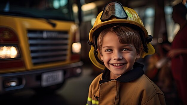 Um jovem alegre vestindo um traje de bombeiro com um carro de bombeiros ao fundo