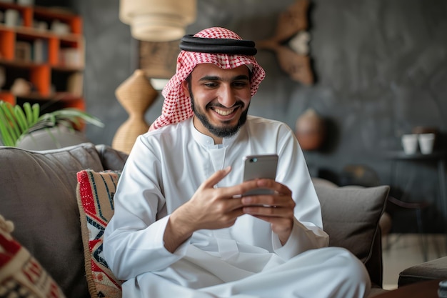 Um jovem árabe bonito e sorridente segura um smartphone enquanto desfruta de uma chávena de chá ou café no