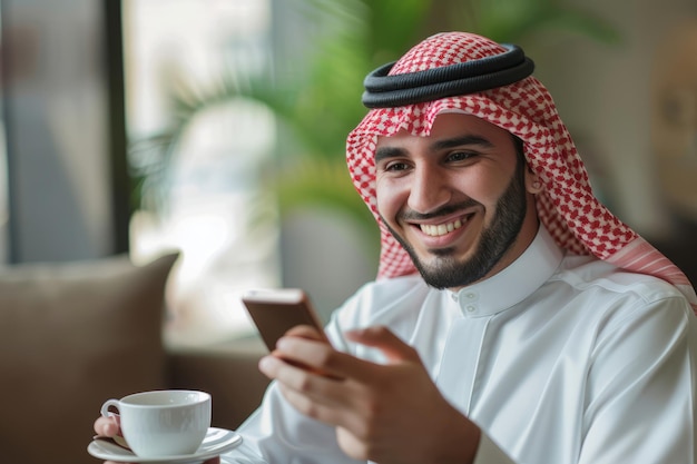 Um jovem árabe bonito e sorridente segura um smartphone enquanto desfruta de uma chávena de chá ou café no