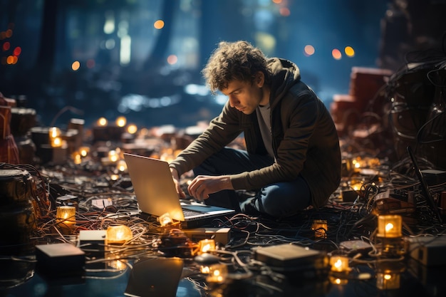 um jovem artista montando seu equipamento fotográfico em uma movimentada praça da cidade gerada por ai