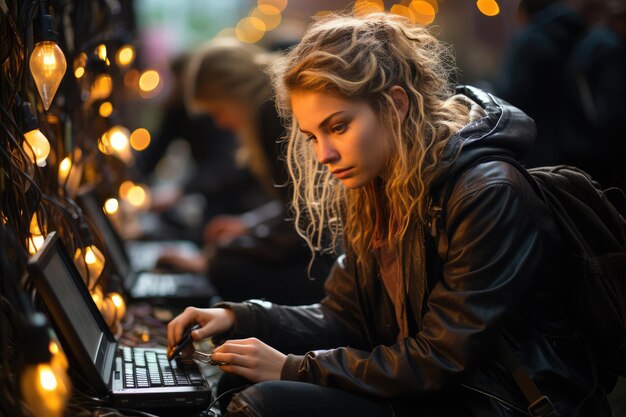 Foto um jovem artista montando seu equipamento fotográfico em uma movimentada praça da cidade gerada por ai