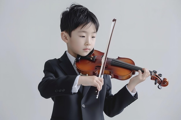 Um jovem asiático de terno preto surgiu tocando violino sobre um cenário branco.